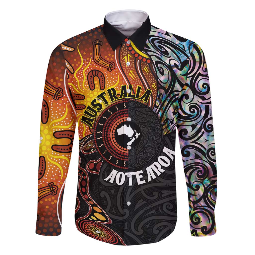 New Zealand and Australia Together Family Matching Mermaid Dress and Hawaiian Shirt Maori Tattoo Paua Shell mix Aboriginal Pattern LT03 Dad's Shirt - Long Sleeve Black - Polynesian Pride