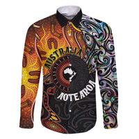 New Zealand and Australia Together Family Matching Mermaid Dress and Hawaiian Shirt Maori Tattoo Paua Shell mix Aboriginal Pattern LT03 Dad's Shirt - Long Sleeve Black - Polynesian Pride