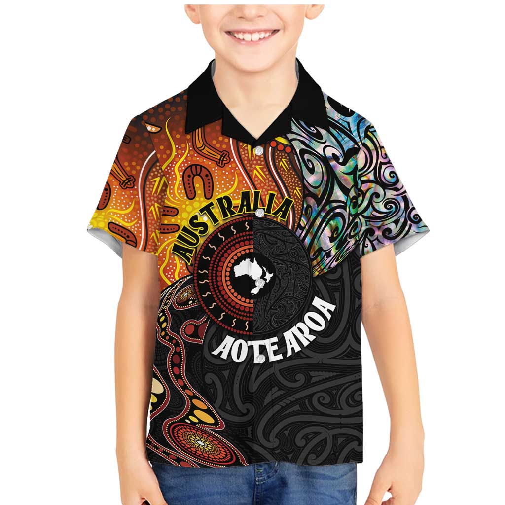 New Zealand and Australia Together Family Matching Mermaid Dress and Hawaiian Shirt Maori Tattoo Paua Shell mix Aboriginal Pattern LT03 Son's Shirt Black - Polynesian Pride