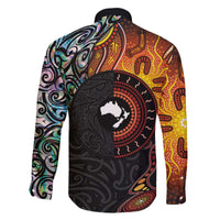 New Zealand and Australia Together Family Matching Off The Shoulder Long Sleeve Dress and Hawaiian Shirt Maori Tattoo Paua Shell mix Aboriginal Pattern