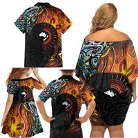 New Zealand and Australia Together Family Matching Off Shoulder Short Dress and Hawaiian Shirt Maori Tattoo Paua Shell mix Aboriginal Pattern