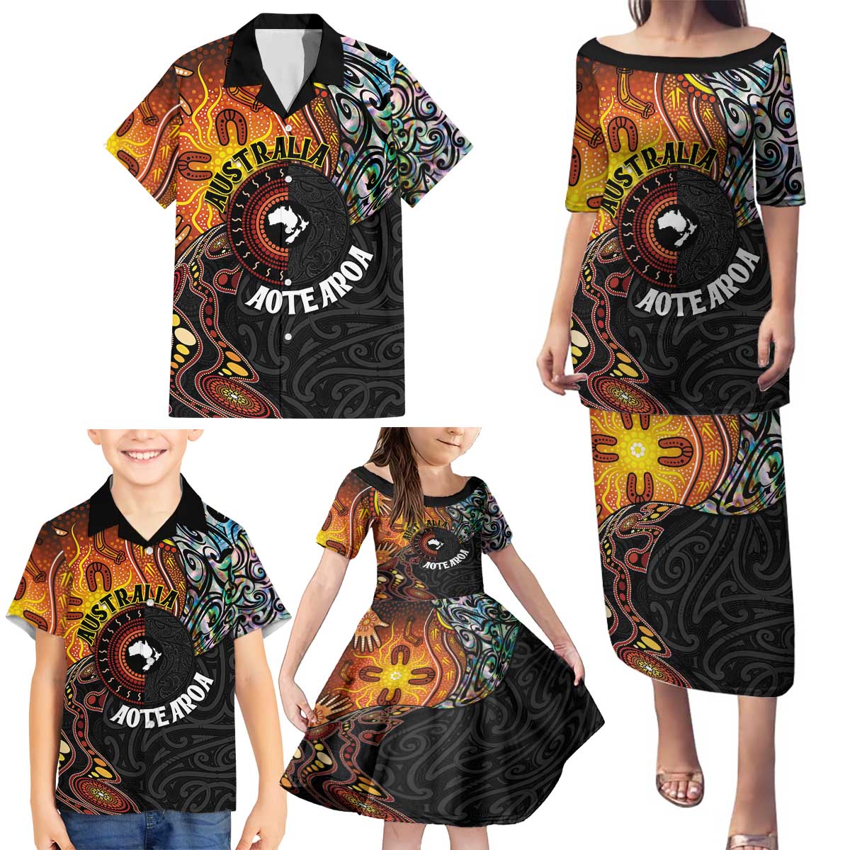 New Zealand and Australia Together Family Matching Puletasi and Hawaiian Shirt Maori Tattoo Paua Shell mix Aboriginal Pattern LT03 - Polynesian Pride