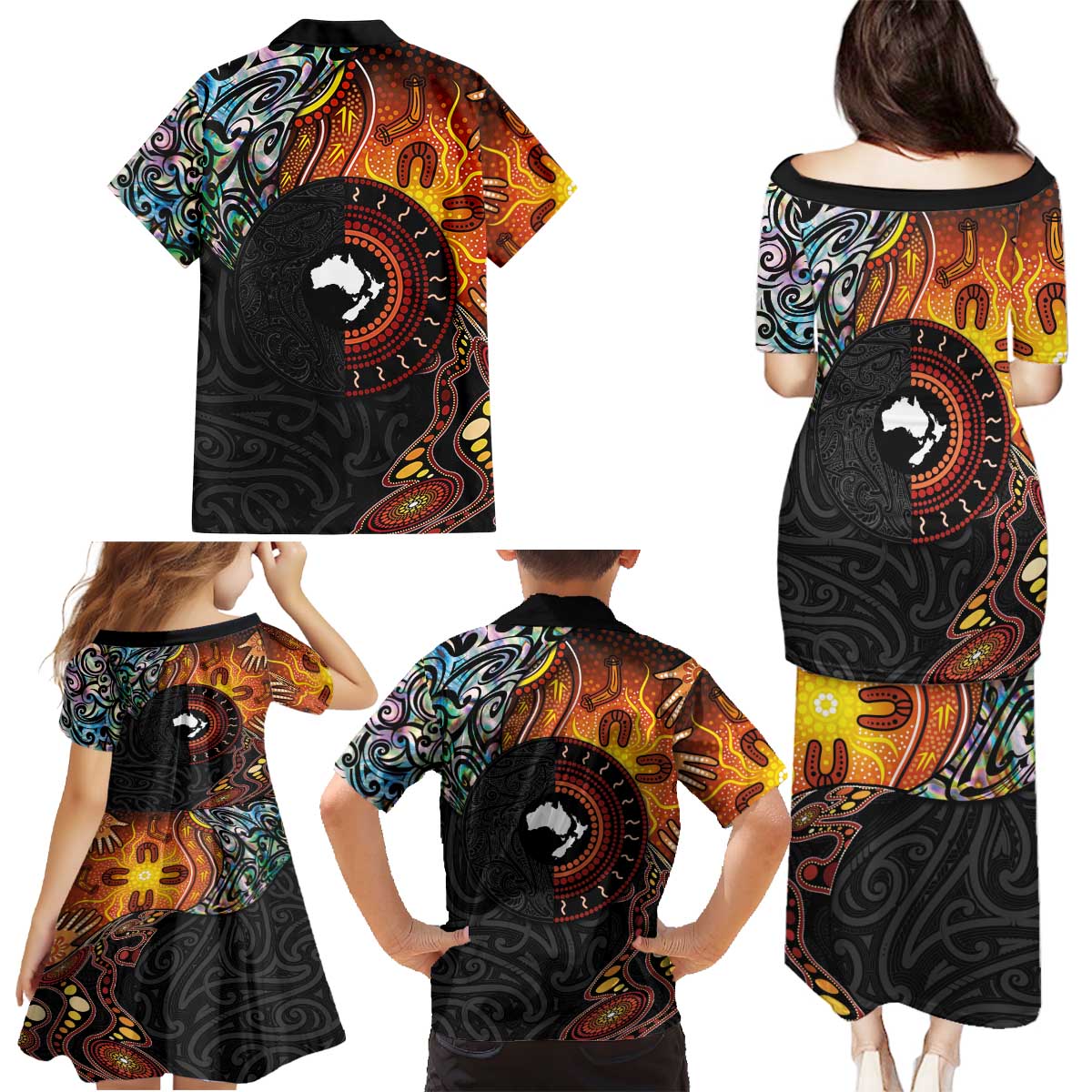 New Zealand and Australia Together Family Matching Puletasi and Hawaiian Shirt Maori Tattoo Paua Shell mix Aboriginal Pattern LT03 - Polynesian Pride