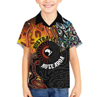 New Zealand and Australia Together Family Matching Puletasi and Hawaiian Shirt Maori Tattoo Paua Shell mix Aboriginal Pattern LT03 Son's Shirt Black - Polynesian Pride