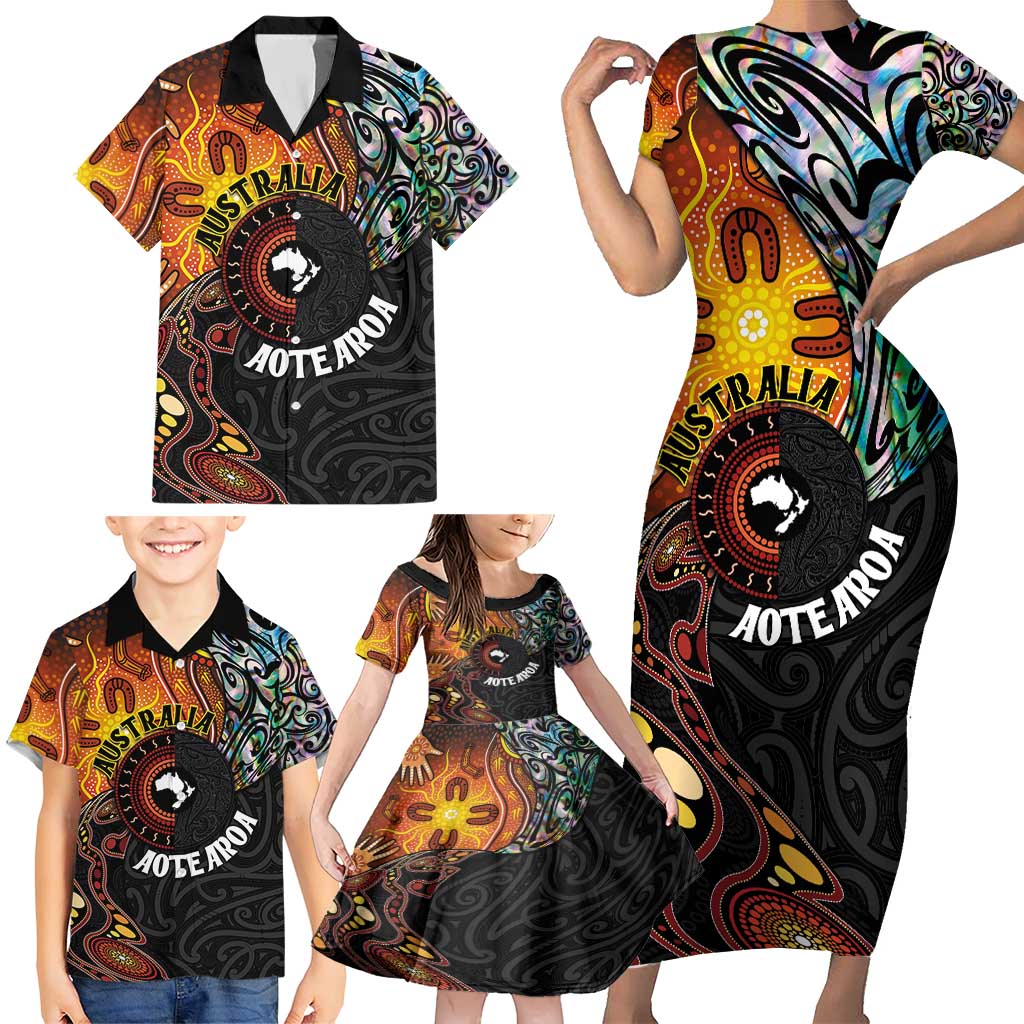 New Zealand and Australia Together Family Matching Short Sleeve Bodycon Dress and Hawaiian Shirt Maori Tattoo Paua Shell mix Aboriginal Pattern LT03 - Polynesian Pride