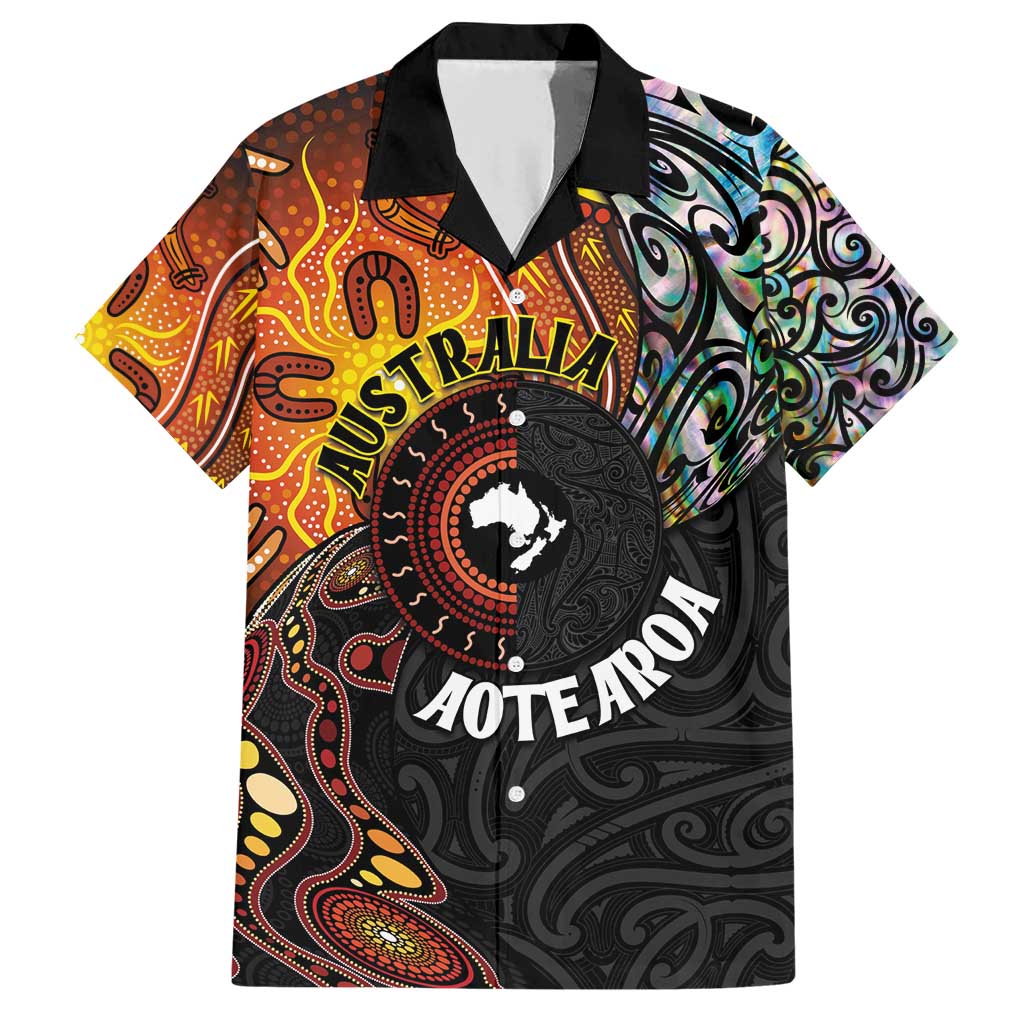 New Zealand and Australia Together Family Matching Short Sleeve Bodycon Dress and Hawaiian Shirt Maori Tattoo Paua Shell mix Aboriginal Pattern LT03 Dad's Shirt - Short Sleeve Black - Polynesian Pride