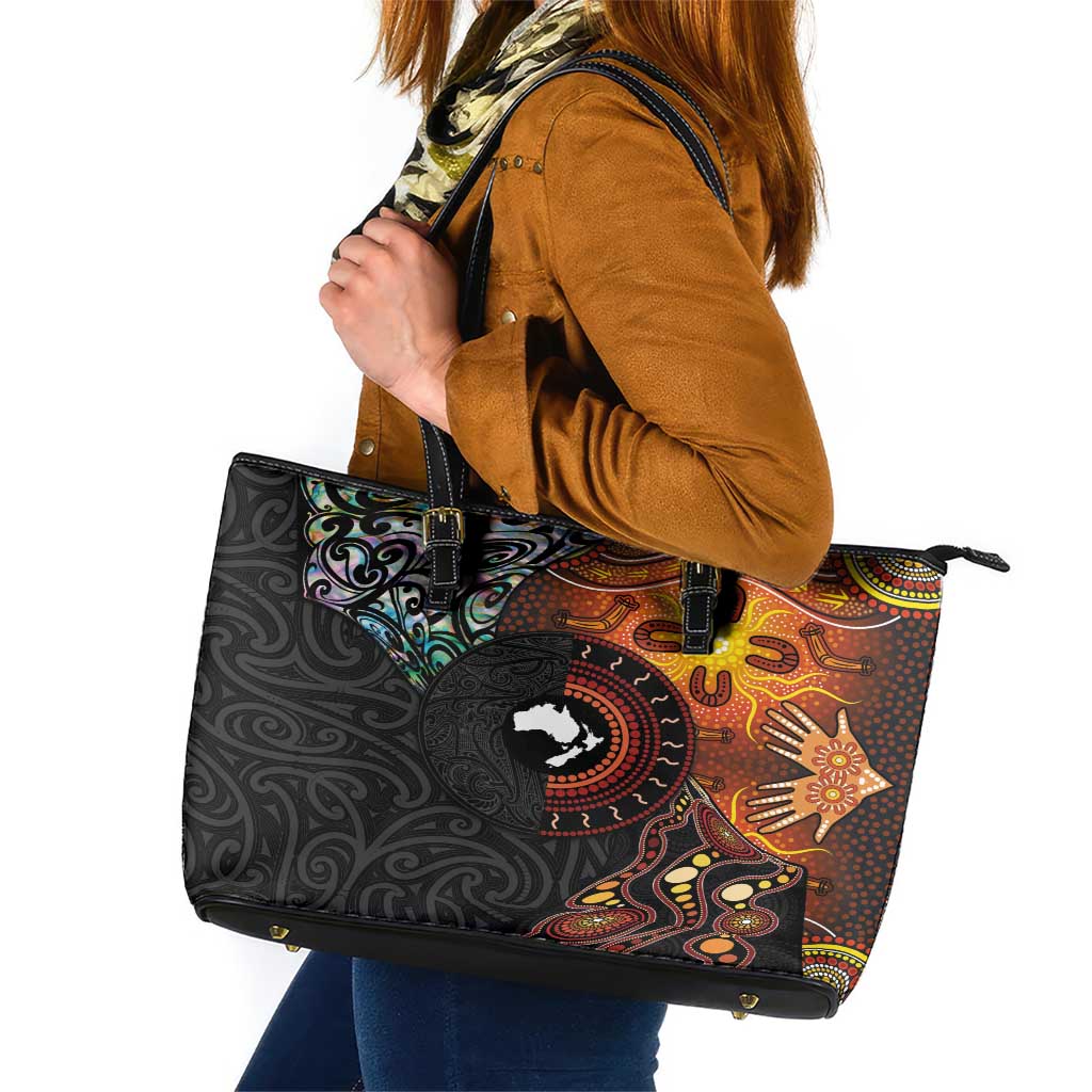 New Zealand and Australia Together Leather Tote Bag Maori Tattoo Paua Shell mix Aboriginal Pattern