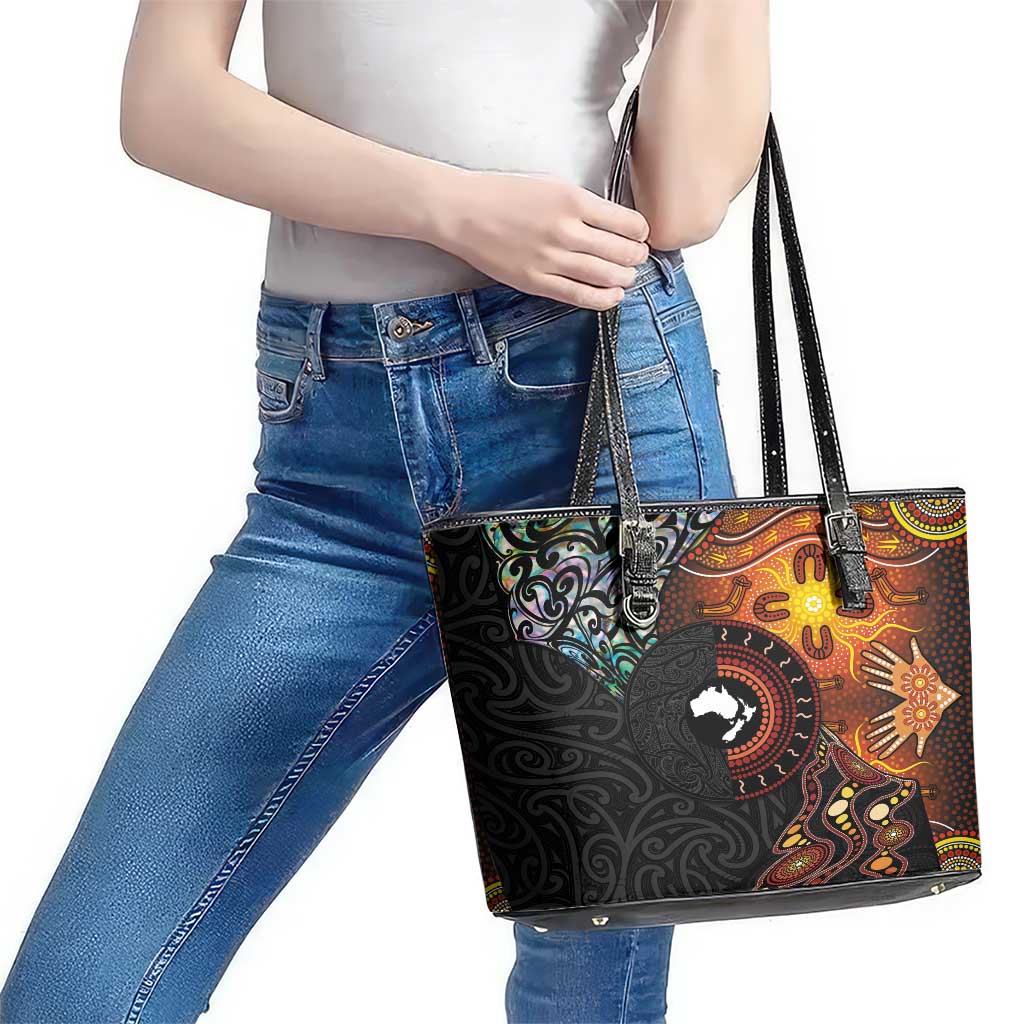 New Zealand and Australia Together Leather Tote Bag Maori Tattoo Paua Shell mix Aboriginal Pattern