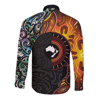 New Zealand and Australia Together Long Sleeve Button Shirt Maori Tattoo Paua Shell mix Aboriginal Pattern