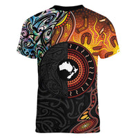 New Zealand and Australia Together Women V-Neck T-Shirt Maori Tattoo Paua Shell mix Aboriginal Pattern