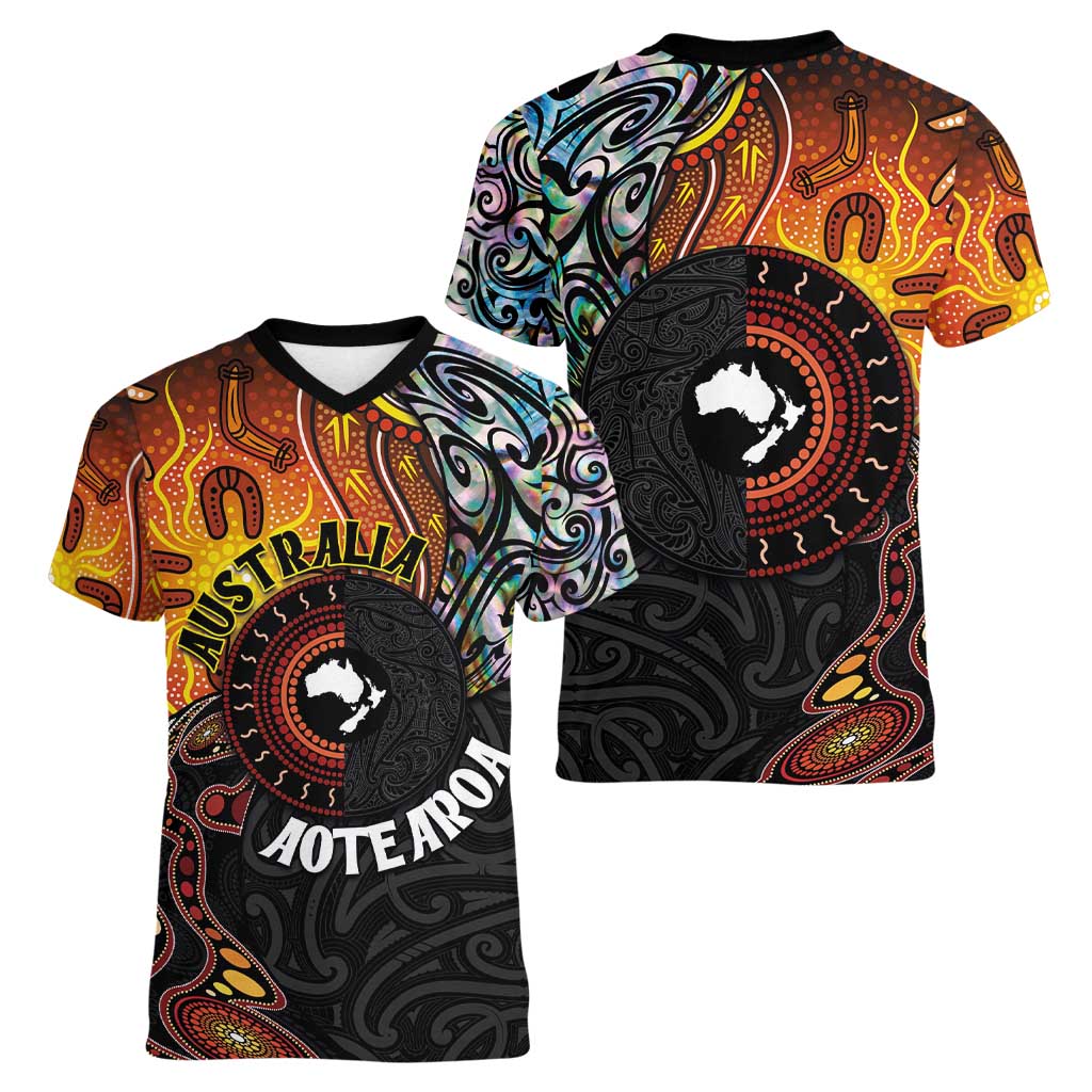 New Zealand and Australia Together Women V-Neck T-Shirt Maori Tattoo Paua Shell mix Aboriginal Pattern