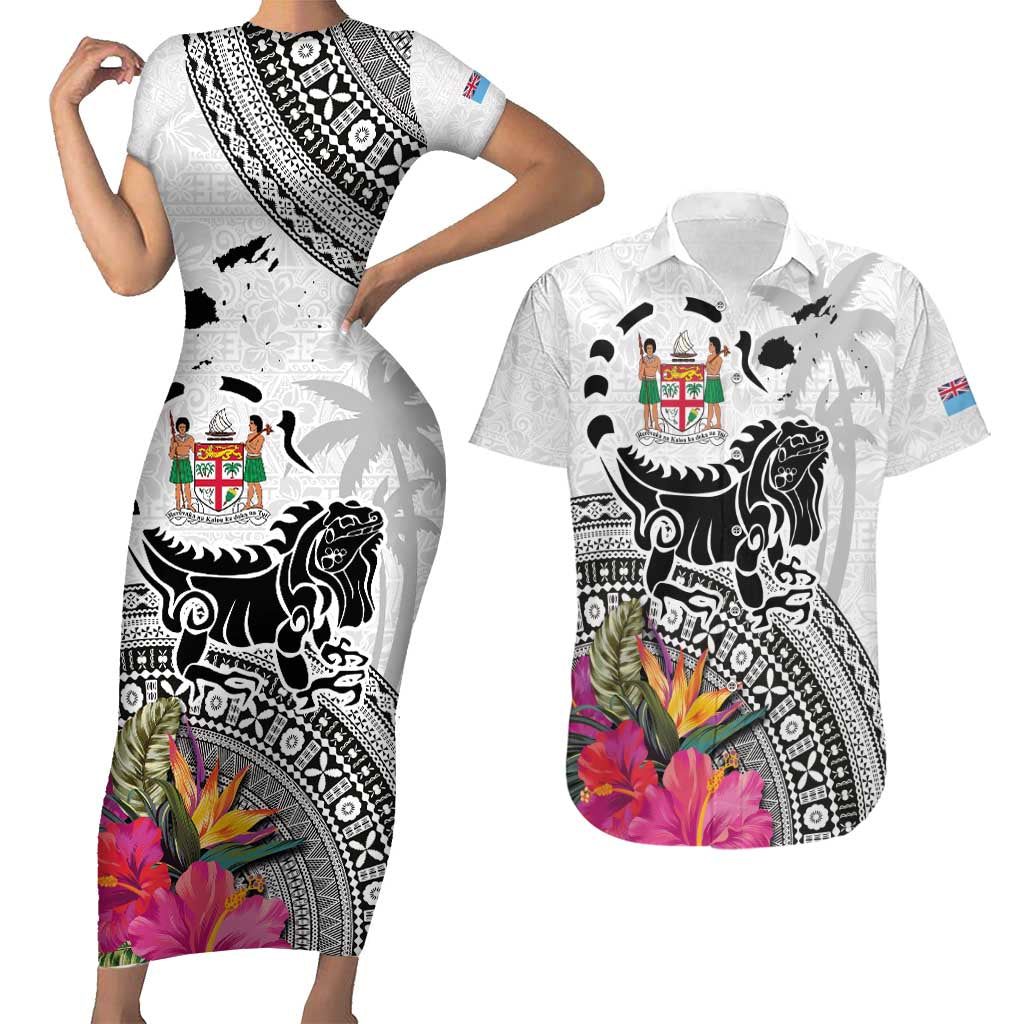 Fiji Iguana Couples Matching Short Sleeve Bodycon Dress and Hawaiian Shirt Tapa Tribal Tattoo and Hibiscus