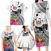 Fiji Iguana Family Matching Long Sleeve Bodycon Dress and Hawaiian Shirt Tapa Tribal Tattoo and Hibiscus LT03 - Polynesian Pride