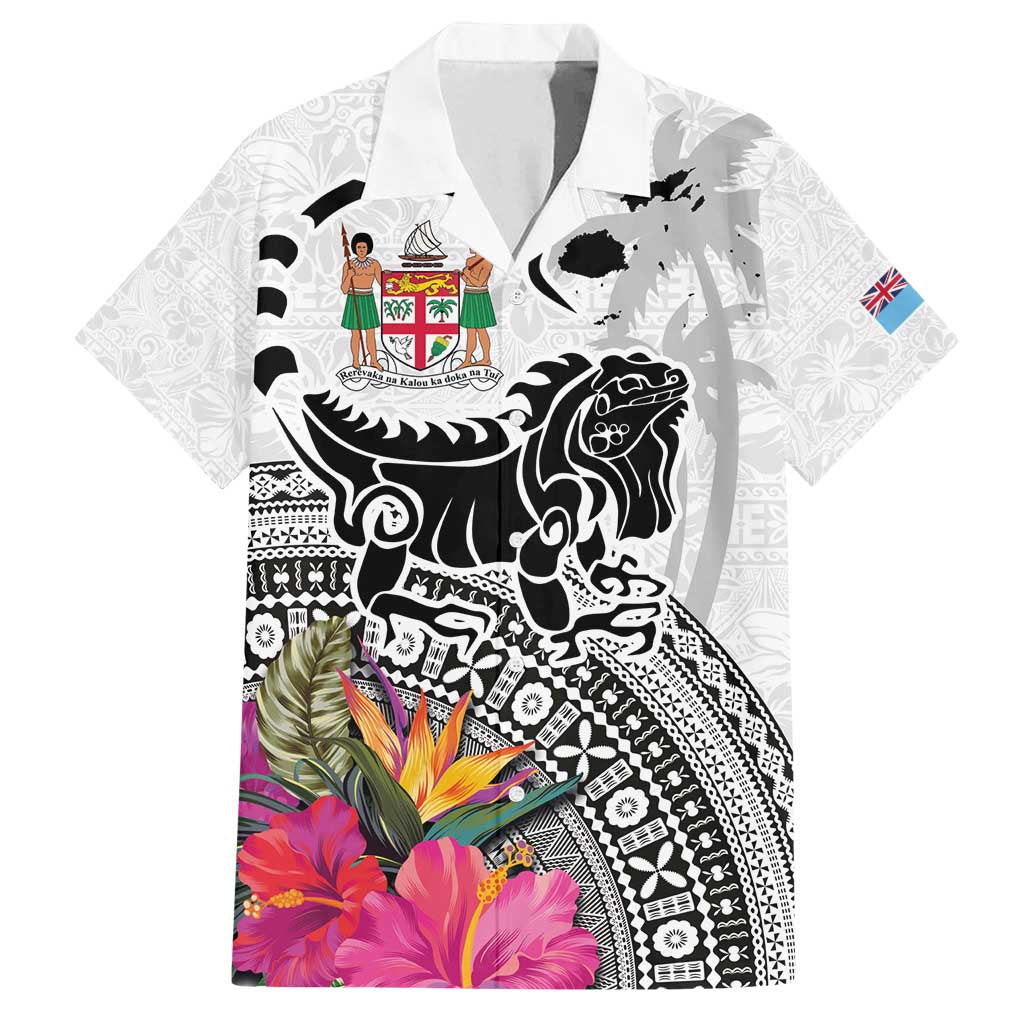 Fiji Iguana Family Matching Long Sleeve Bodycon Dress and Hawaiian Shirt Tapa Tribal Tattoo and Hibiscus LT03 Dad's Shirt - Short Sleeve White - Polynesian Pride