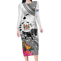 Fiji Iguana Family Matching Long Sleeve Bodycon Dress and Hawaiian Shirt Tapa Tribal Tattoo and Hibiscus LT03 Mom's Dress White - Polynesian Pride