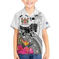 Fiji Iguana Family Matching Long Sleeve Bodycon Dress and Hawaiian Shirt Tapa Tribal Tattoo and Hibiscus LT03 Son's Shirt White - Polynesian Pride