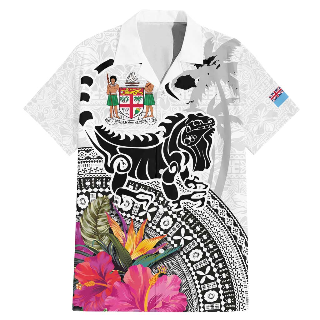 Fiji Iguana Family Matching Mermaid Dress and Hawaiian Shirt Tapa Tribal Tattoo and Hibiscus LT03 Dad's Shirt - Short Sleeve White - Polynesian Pride