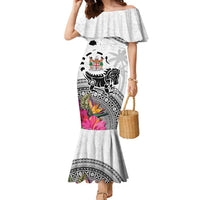 Fiji Iguana Family Matching Mermaid Dress and Hawaiian Shirt Tapa Tribal Tattoo and Hibiscus LT03 Mom's Dress White - Polynesian Pride