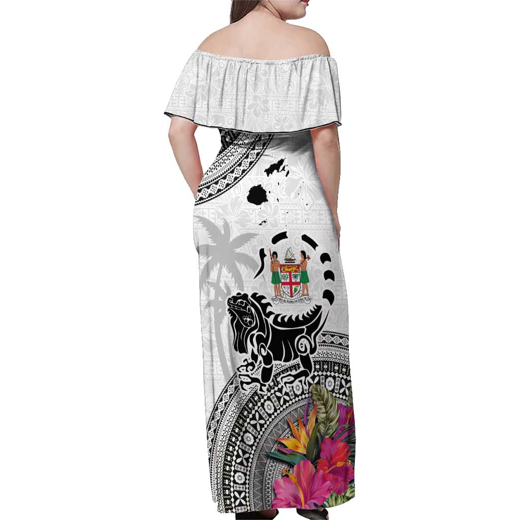 Fiji Iguana Family Matching Off Shoulder Maxi Dress and Hawaiian Shirt Tapa Tribal Tattoo and Hibiscus