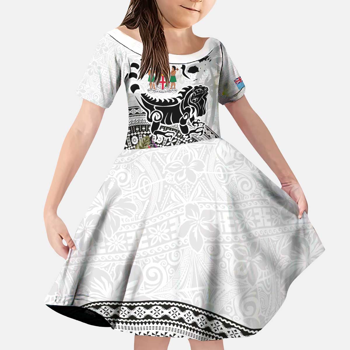 Fiji Iguana Family Matching Puletasi and Hawaiian Shirt Tapa Tribal Tattoo and Hibiscus LT03 Daughter's Dress White - Polynesian Pride