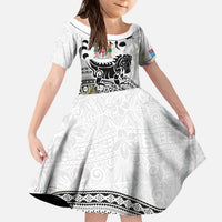 Fiji Iguana Family Matching Puletasi and Hawaiian Shirt Tapa Tribal Tattoo and Hibiscus LT03 Daughter's Dress White - Polynesian Pride