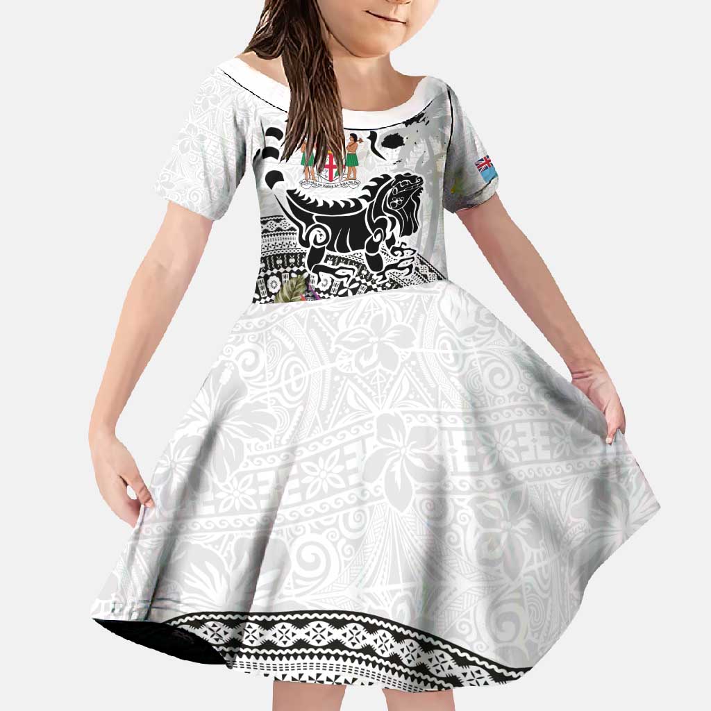 Fiji Iguana Family Matching Short Sleeve Bodycon Dress and Hawaiian Shirt Tapa Tribal Tattoo and Hibiscus LT03 Daughter's Dress White - Polynesian Pride