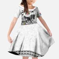 Fiji Iguana Family Matching Short Sleeve Bodycon Dress and Hawaiian Shirt Tapa Tribal Tattoo and Hibiscus LT03 Daughter's Dress White - Polynesian Pride