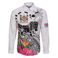 Fiji Iguana Family Matching Short Sleeve Bodycon Dress and Hawaiian Shirt Tapa Tribal Tattoo and Hibiscus LT03 Dad's Shirt - Long Sleeve White - Polynesian Pride