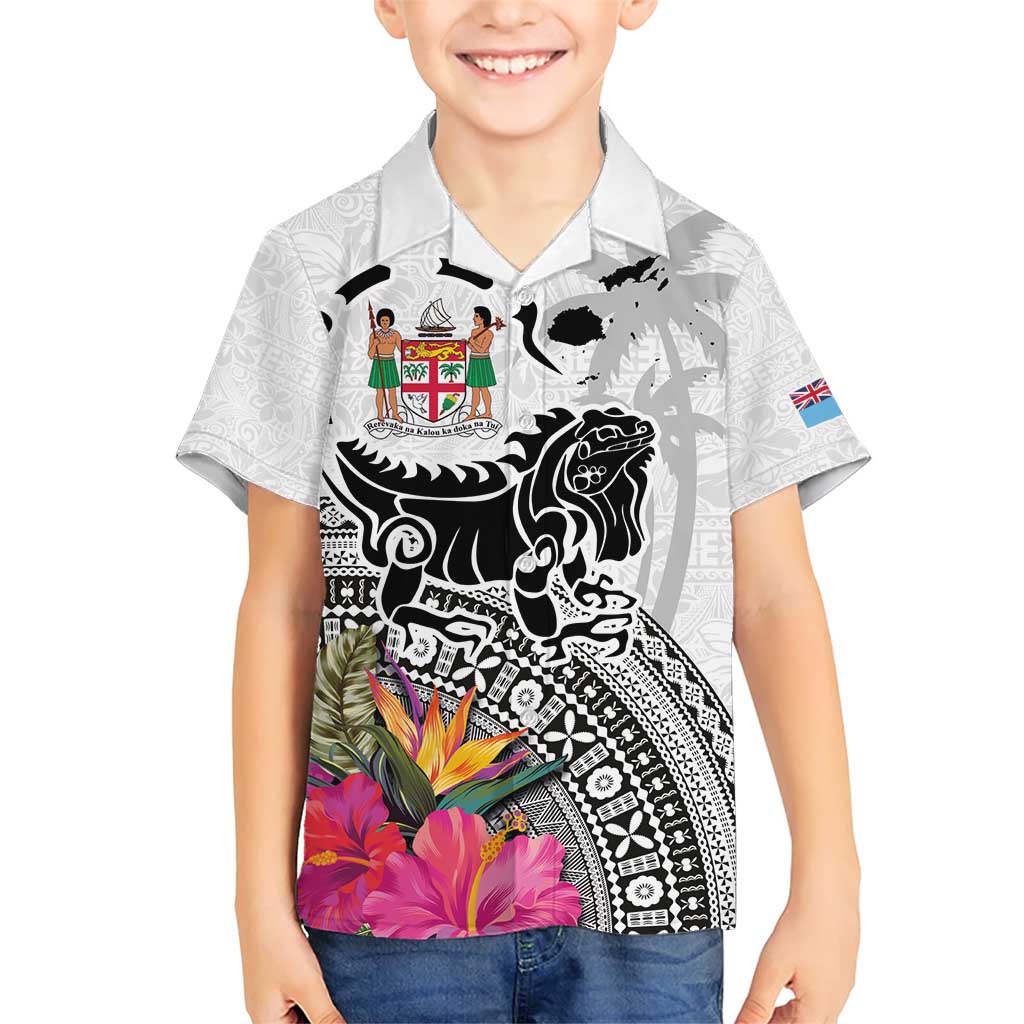 Fiji Iguana Family Matching Short Sleeve Bodycon Dress and Hawaiian Shirt Tapa Tribal Tattoo and Hibiscus LT03 Son's Shirt White - Polynesian Pride