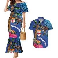 Fiji and Australia Together Couples Matching Mermaid Dress and Hawaiian Shirt Aboriginal Kangaroo and Tapa Tribal Hibiscus LT03 Blue - Polynesian Pride