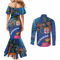 Fiji and Australia Together Couples Matching Mermaid Dress and Long Sleeve Button Shirt Aboriginal Kangaroo and Tapa Tribal Hibiscus