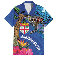 Fiji and Australia Together Family Matching Long Sleeve Bodycon Dress and Hawaiian Shirt Aboriginal Kangaroo and Tapa Tribal Hibiscus LT03 Dad's Shirt - Short Sleeve Blue - Polynesian Pride
