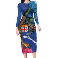 Fiji and Australia Together Family Matching Long Sleeve Bodycon Dress and Hawaiian Shirt Aboriginal Kangaroo and Tapa Tribal Hibiscus LT03 Mom's Dress Blue - Polynesian Pride