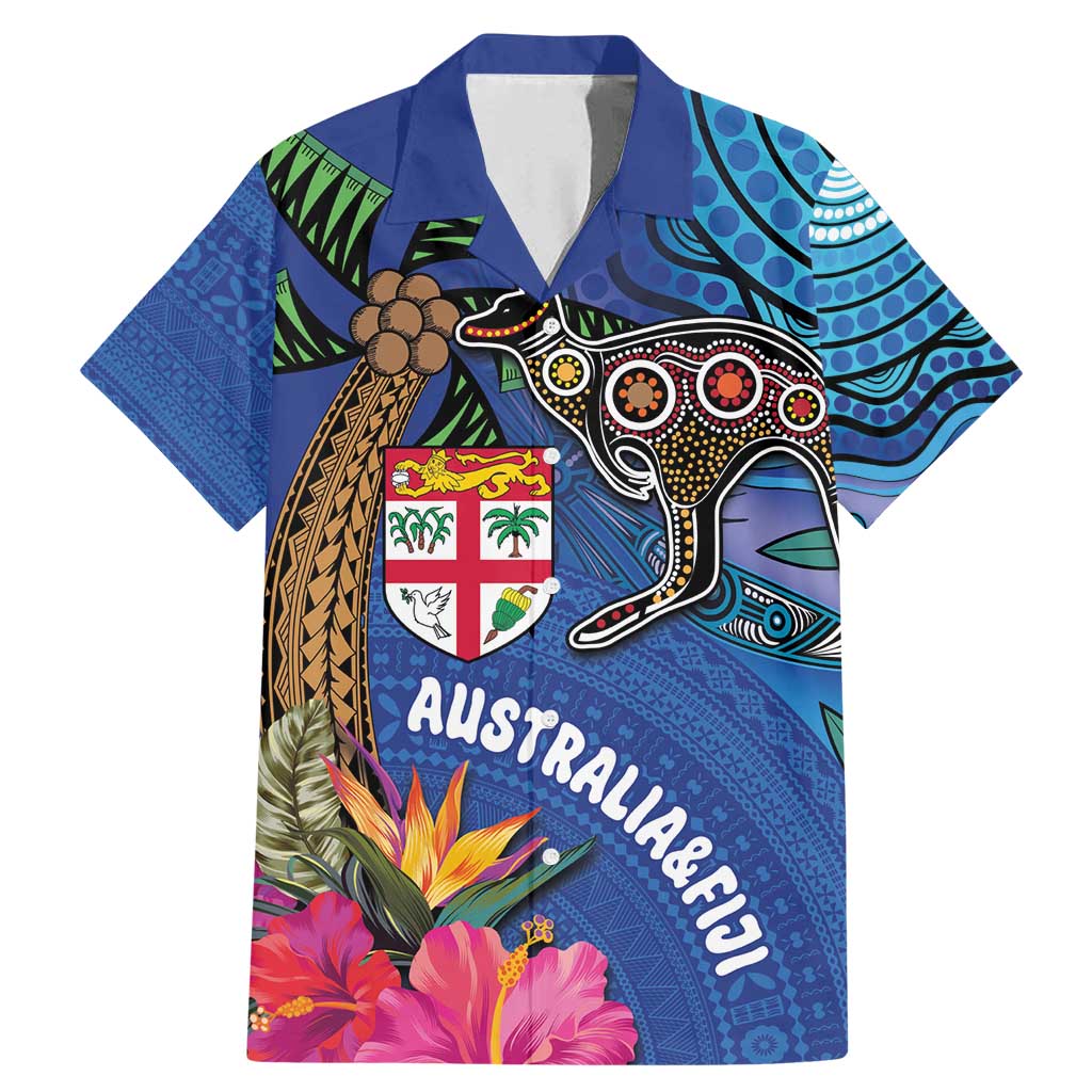 Fiji and Australia Together Family Matching Mermaid Dress and Hawaiian Shirt Aboriginal Kangaroo and Tapa Tribal Hibiscus LT03 Dad's Shirt - Short Sleeve Blue - Polynesian Pride