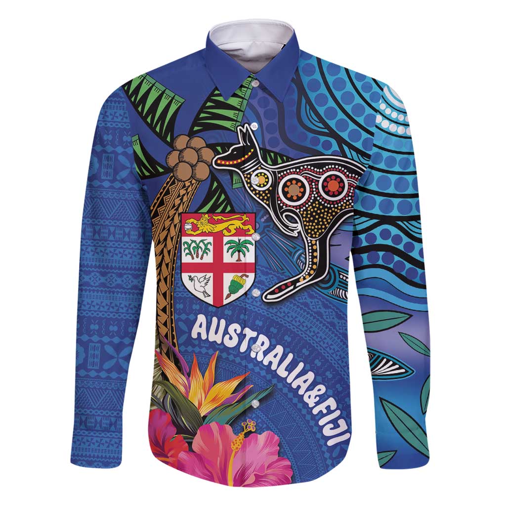 Fiji and Australia Together Family Matching Mermaid Dress and Hawaiian Shirt Aboriginal Kangaroo and Tapa Tribal Hibiscus LT03 Dad's Shirt - Long Sleeve Blue - Polynesian Pride