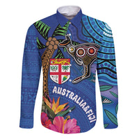 Fiji and Australia Together Family Matching Mermaid Dress and Hawaiian Shirt Aboriginal Kangaroo and Tapa Tribal Hibiscus LT03 Dad's Shirt - Long Sleeve Blue - Polynesian Pride