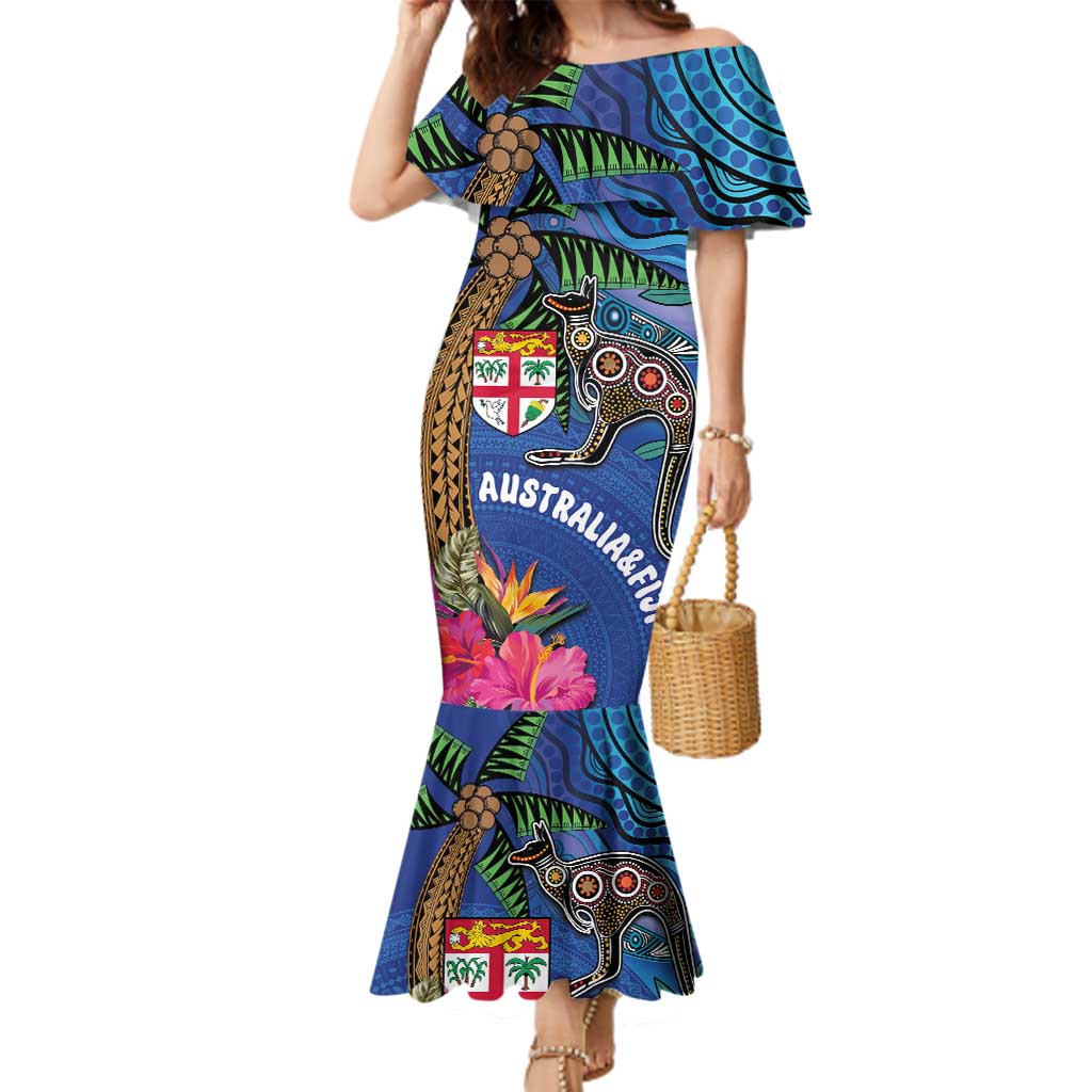 Fiji and Australia Together Family Matching Mermaid Dress and Hawaiian Shirt Aboriginal Kangaroo and Tapa Tribal Hibiscus LT03 Mom's Dress Blue - Polynesian Pride
