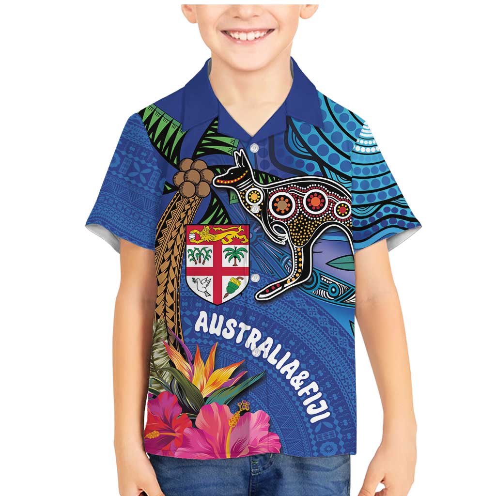 Fiji and Australia Together Family Matching Mermaid Dress and Hawaiian Shirt Aboriginal Kangaroo and Tapa Tribal Hibiscus LT03 Son's Shirt Blue - Polynesian Pride