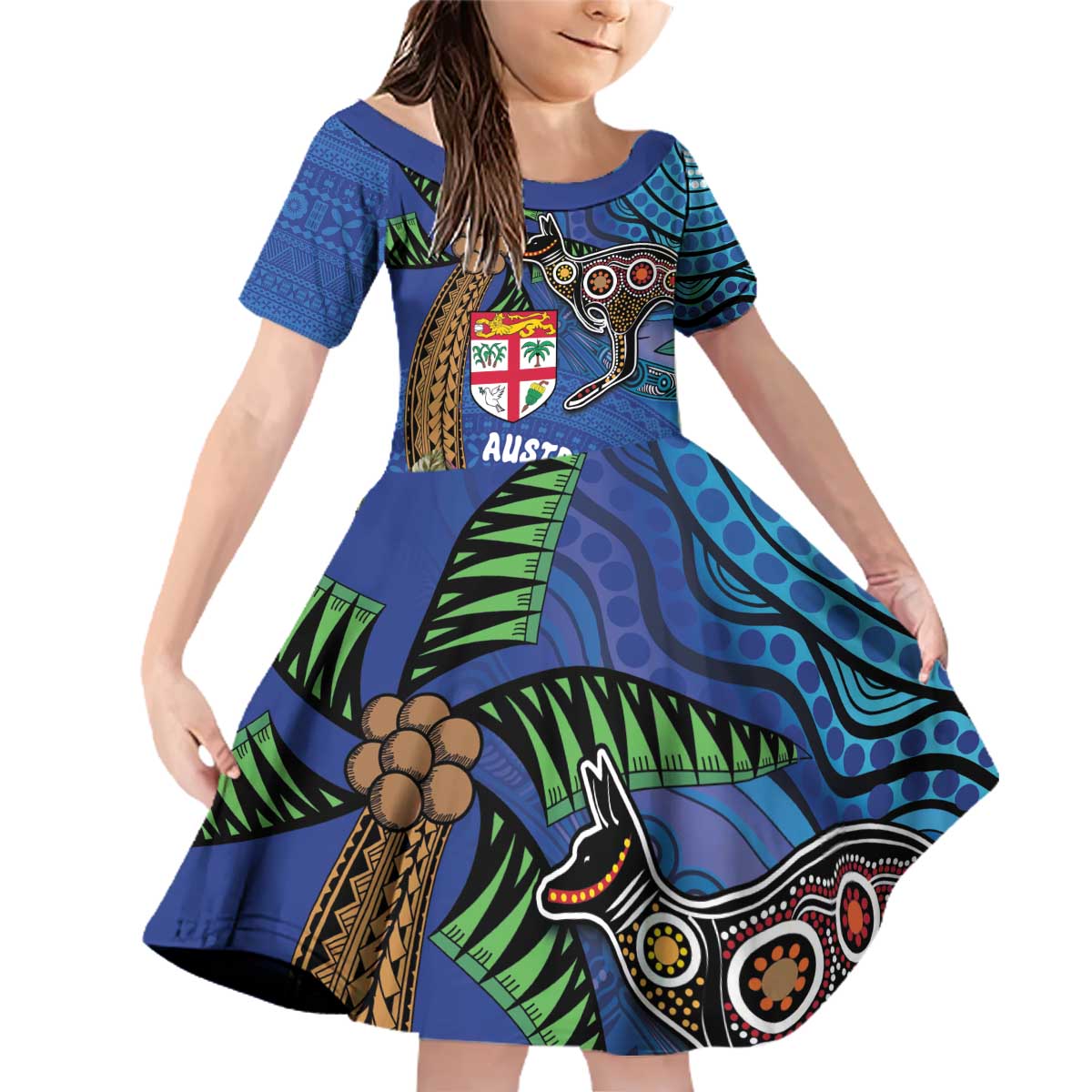 Fiji and Australia Together Family Matching Off Shoulder Short Dress and Hawaiian Shirt Aboriginal Kangaroo and Tapa Tribal Hibiscus