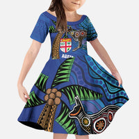 Fiji and Australia Together Family Matching Puletasi and Hawaiian Shirt Aboriginal Kangaroo and Tapa Tribal Hibiscus LT03 Daughter's Dress Blue - Polynesian Pride