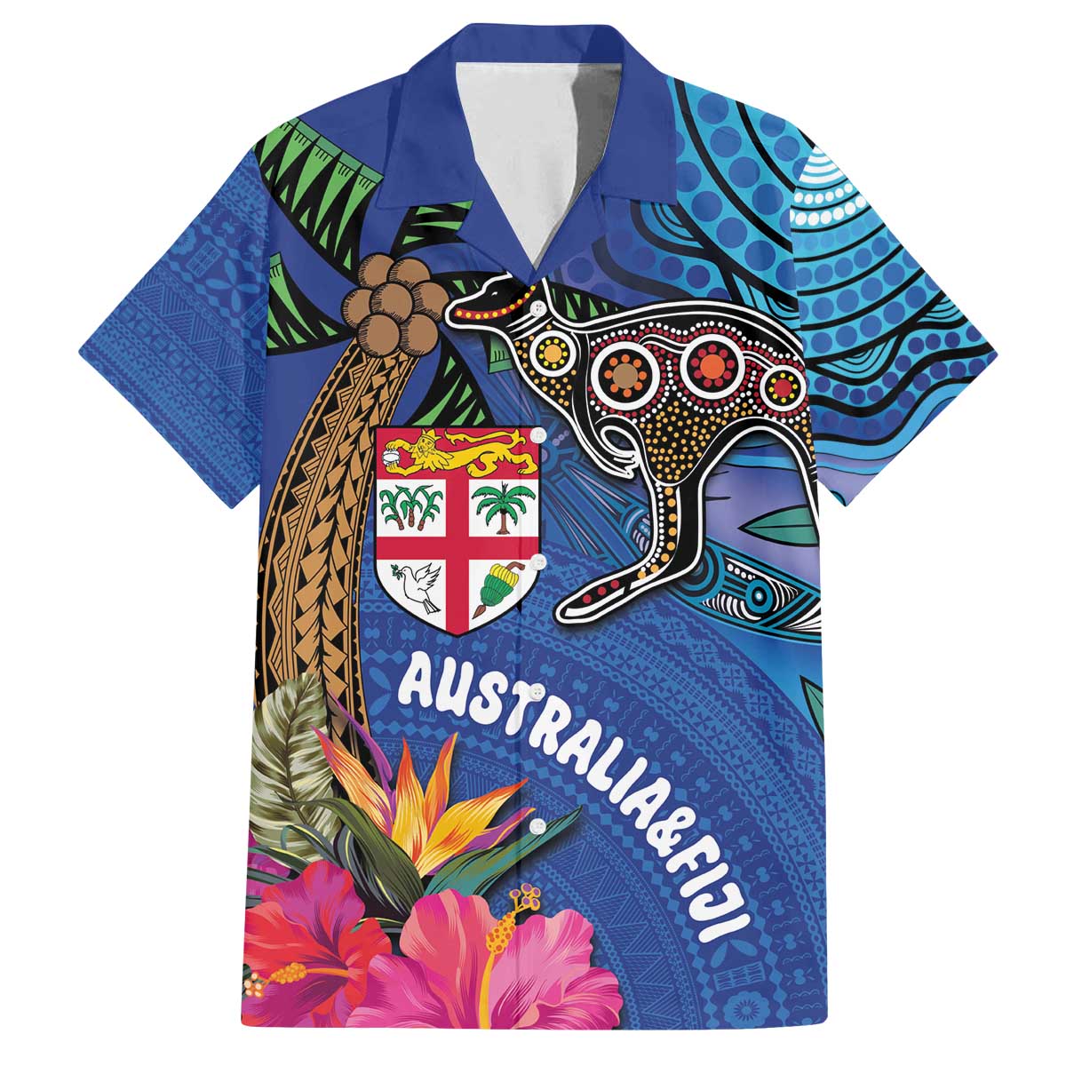 Fiji and Australia Together Family Matching Puletasi and Hawaiian Shirt Aboriginal Kangaroo and Tapa Tribal Hibiscus LT03 Dad's Shirt - Short Sleeve Blue - Polynesian Pride