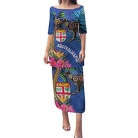 Fiji and Australia Together Family Matching Puletasi and Hawaiian Shirt Aboriginal Kangaroo and Tapa Tribal Hibiscus LT03 Mom's Dress Blue - Polynesian Pride