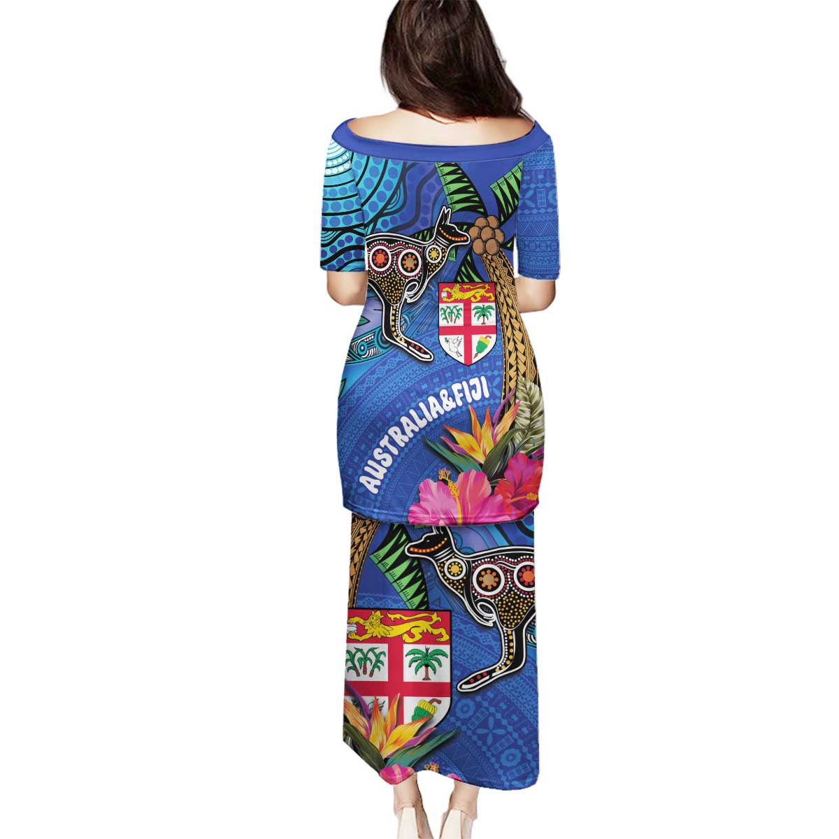 Fiji and Australia Together Family Matching Puletasi and Hawaiian Shirt Aboriginal Kangaroo and Tapa Tribal Hibiscus LT03 - Polynesian Pride