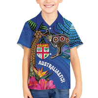 Fiji and Australia Together Family Matching Puletasi and Hawaiian Shirt Aboriginal Kangaroo and Tapa Tribal Hibiscus LT03 Son's Shirt Blue - Polynesian Pride