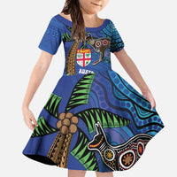 Fiji and Australia Together Family Matching Short Sleeve Bodycon Dress and Hawaiian Shirt Aboriginal Kangaroo and Tapa Tribal Hibiscus LT03 Daughter's Dress Blue - Polynesian Pride