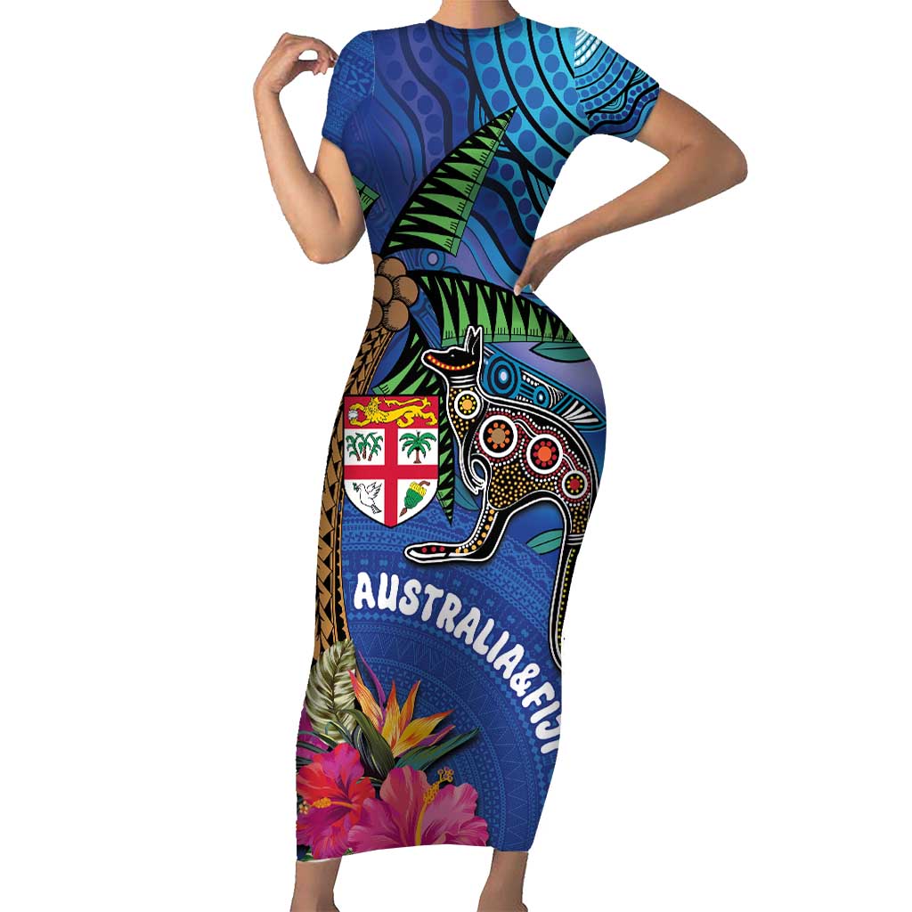 Fiji and Australia Together Family Matching Short Sleeve Bodycon Dress and Hawaiian Shirt Aboriginal Kangaroo and Tapa Tribal Hibiscus LT03 Mom's Dress Blue - Polynesian Pride