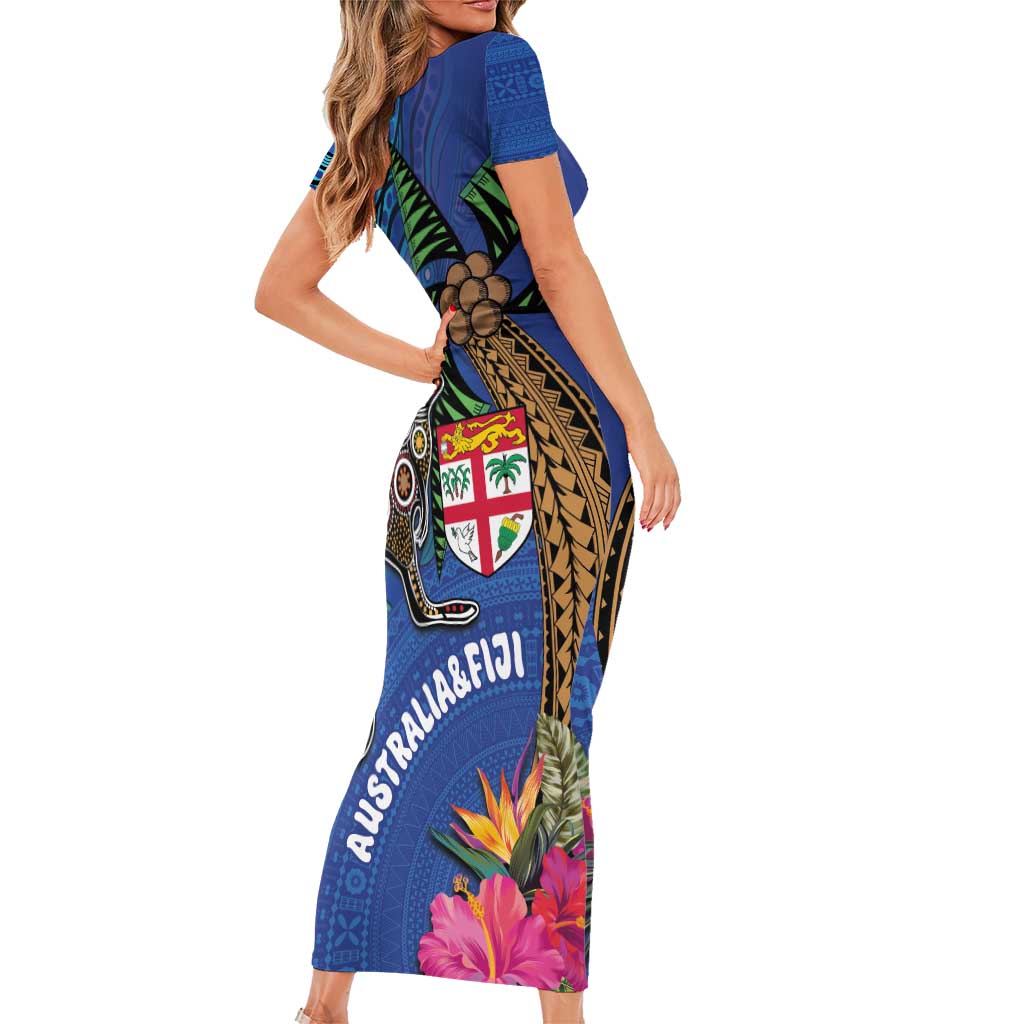 Fiji and Australia Together Family Matching Short Sleeve Bodycon Dress and Hawaiian Shirt Aboriginal Kangaroo and Tapa Tribal Hibiscus LT03 - Polynesian Pride