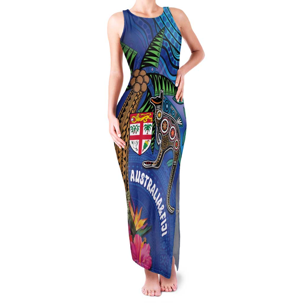 Fiji and Australia Together Family Matching Tank Maxi Dress and Hawaiian Shirt Aboriginal Kangaroo and Tapa Tribal Hibiscus