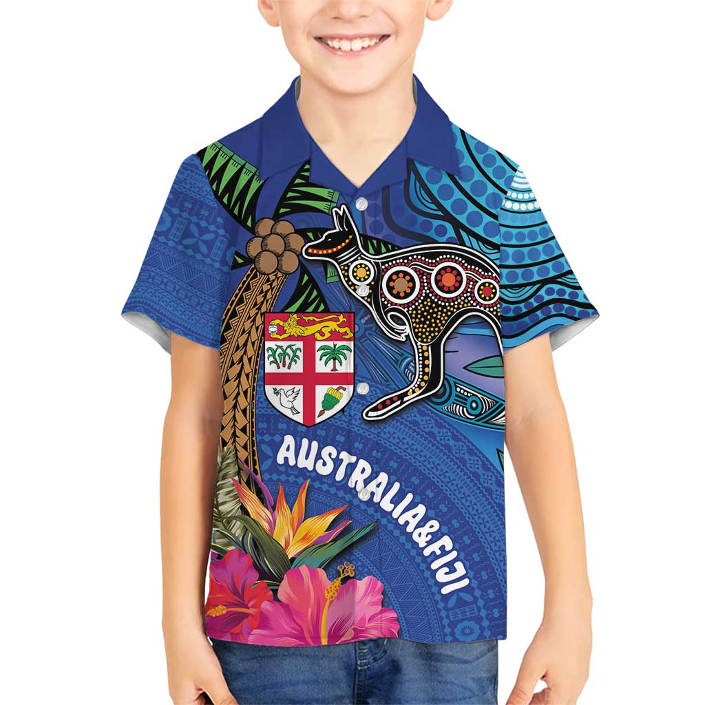 Fiji and Australia Together Family Matching Tank Maxi Dress and Hawaiian Shirt Aboriginal Kangaroo and Tapa Tribal Hibiscus
