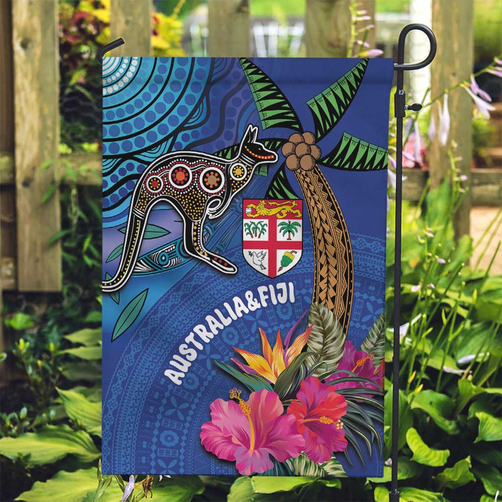 Fiji and Australia Together Garden Flag Aboriginal Kangaroo and Tapa Tribal Hibiscus